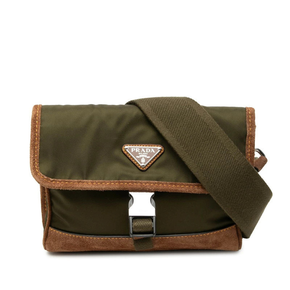 Prada Triangle Plate Shoulder Bag Smartphone Case Khaki Green Brown Suede
